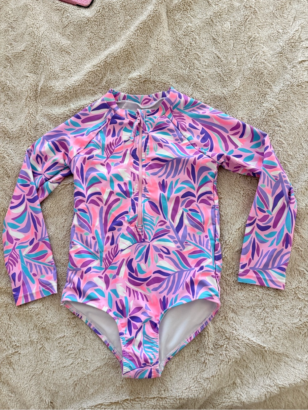 Kids Long-Sleeve One-Piece Swimsuit in Pink Tropical Print